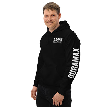 LMM Duramax Hoodie Pullover Sweatshirt With Sleeve Print modeled in black